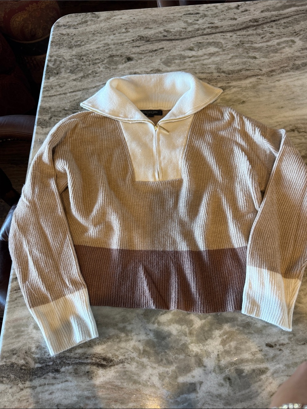 Marc New York Cream and Brown Colorblock Ribbed Funnel Pullover